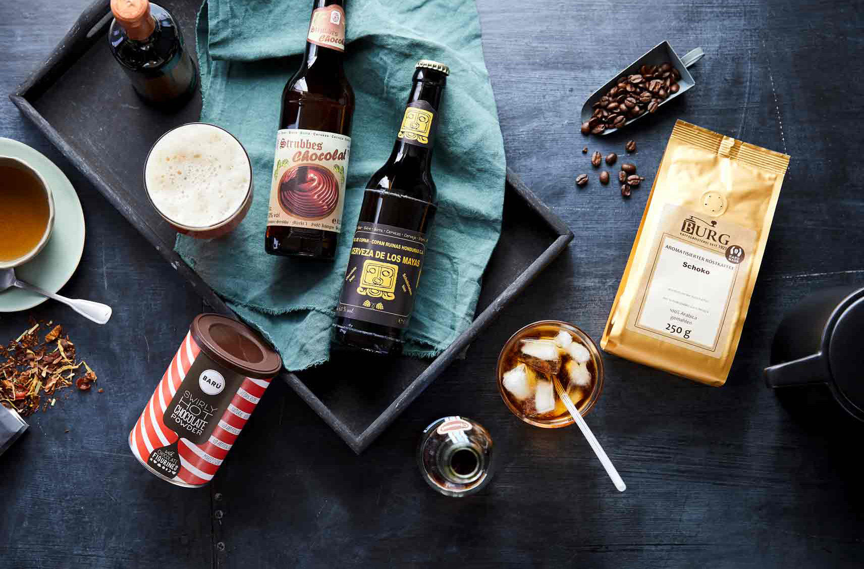 Auswahl an Getränke wie Schokobier oder Kakao