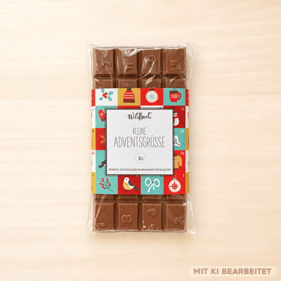 Wildbach Vollmilchschokolade „Kleine Adventsgrüße“ Schokotafel-Adventskalender mit 38 % Kakao in farbenfroher Weihnachtsverpackung.