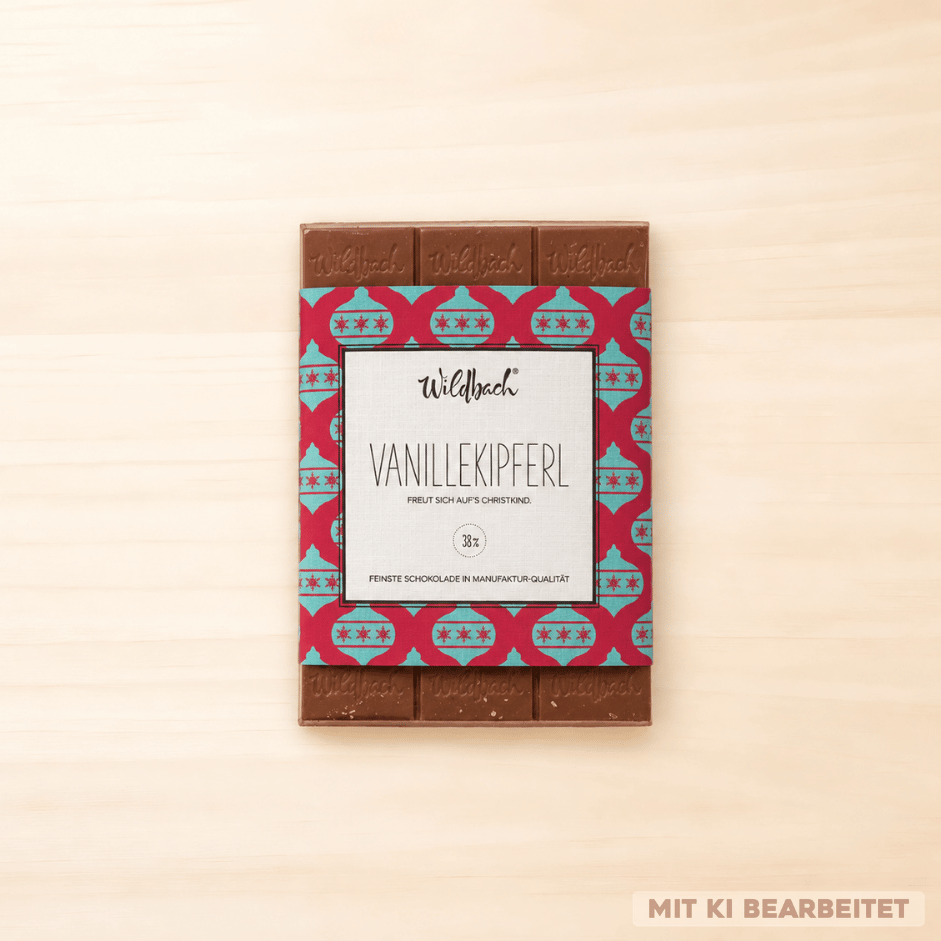 Wildbach Vollmilchschokolade „Vanillekipferl“ mit Vanille-Gebäckstückchen in weihnachtlicher Verpackung, 70 g.