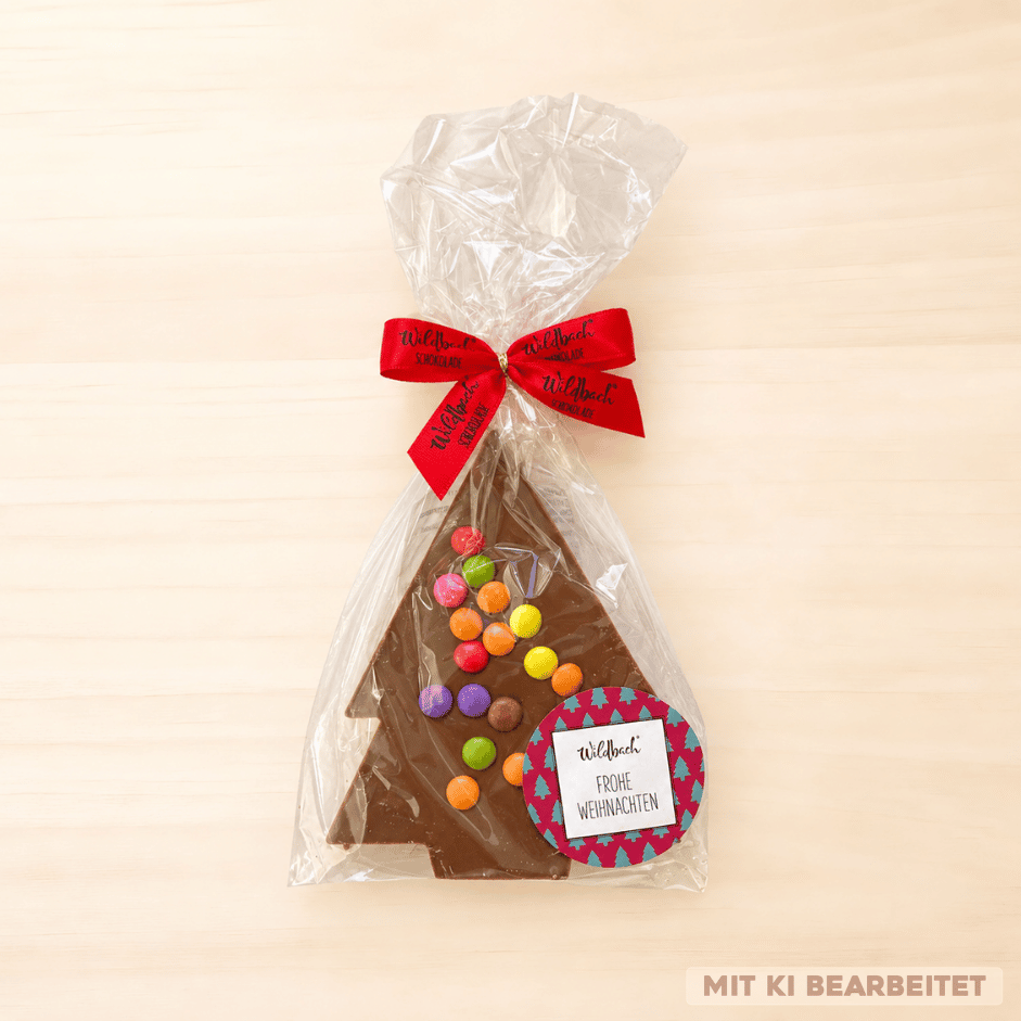 Wildbach Weihnachtsbaum aus Vollmilchschokolade mit bunten Schokolinsen, roter Schleife und 80 g Inhalt.