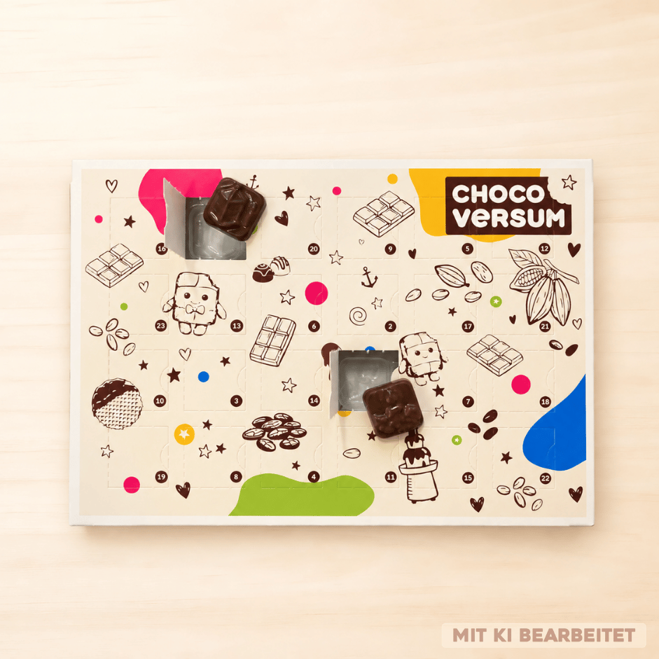 CHOCOVERSUM Adventskalender mit 24 Türchen und Vollmilchschokolade in farbenfrohem Design mit Kakao- und Schokoladenmotiven.