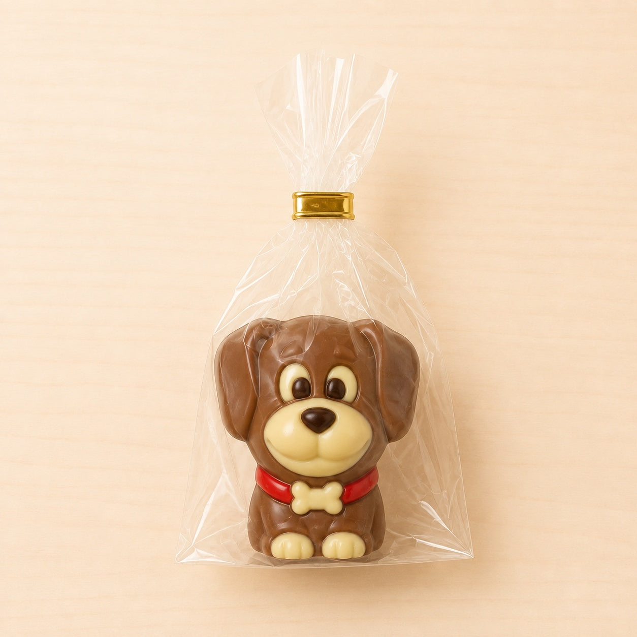 Schokoladenfigur in Form eines braunen Hundes mit rotem Halsband und Knochenanhänger, einzeln verpackt.