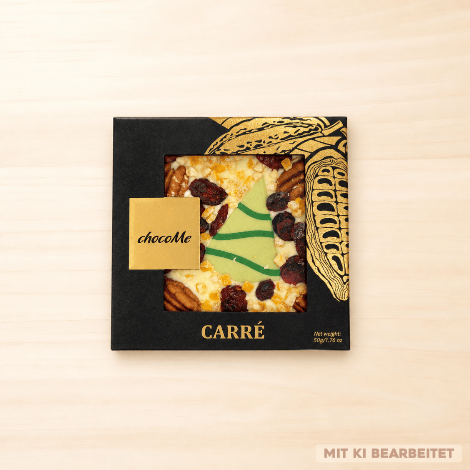 Weiße chocoMe Schokolade mit grüner Schokoladentanne, Pecannüssen, Preiselbeeren und kandierter Orangenschale in schwarz-goldener Verpackung.