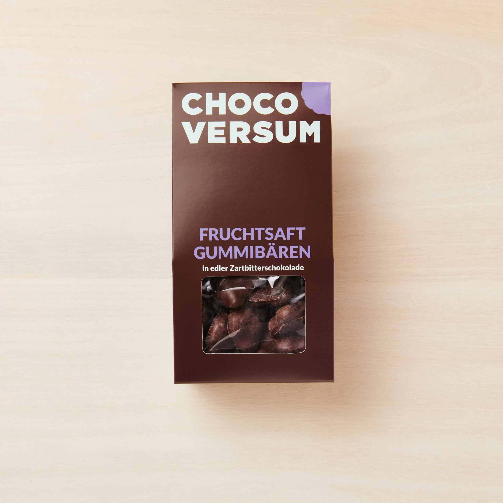 Fruchtsaft-Gummibärchen in edler Zartbitter-Schokolade vom Chocoversum