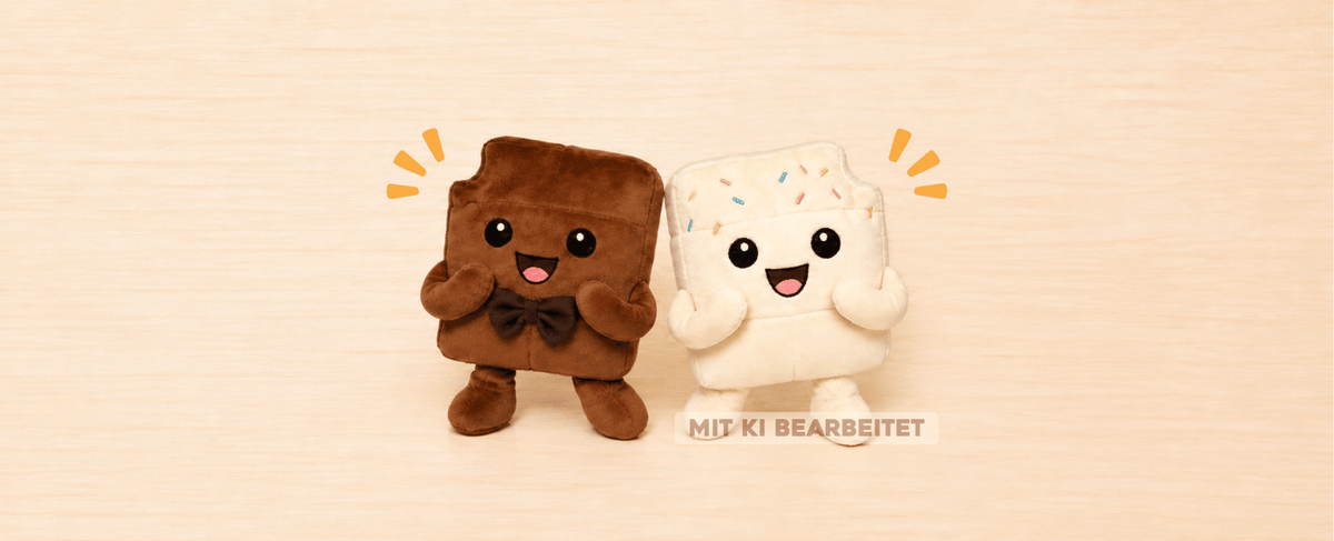 Chocolino und Sprinkles, zwei niedliche Plüschfiguren in Form einer braunen und einer weißen Schokoladentafel mit gespannten Gesichtern, Armen und Beinen auf hellem Hintergrund.