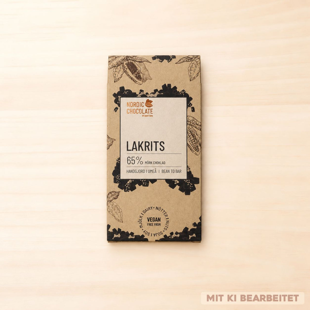 Naturbraune Nordic Chocolate Verpackung mit schwarzen Zeichnungen von Kakaofrüchten und Lakritzstückchen. Mittig befindet sich ein graues Etikett mit kupferfarbenem Logo sowie der Aufschrift „Lakrits“, „65 % mörk choklad“ und „Handgjord i Umeå | Bean to Bar“; darunter ist ein schwarzes Vegan-Siegel abgebildet.