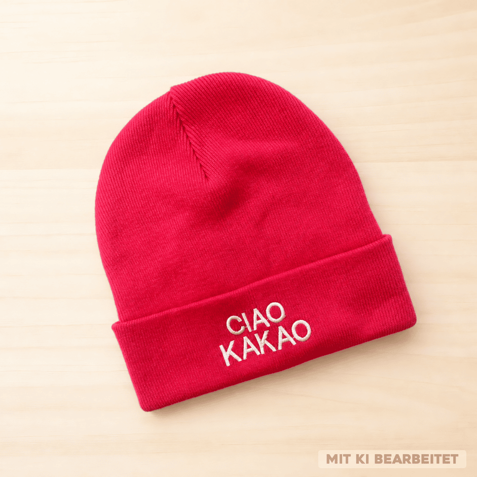Pinke Strickmütze (Beanie) mit umgeschlagenem Bund und weißer Stickerei „CIAO KAKAO“, liegend auf hellem Untergrund.