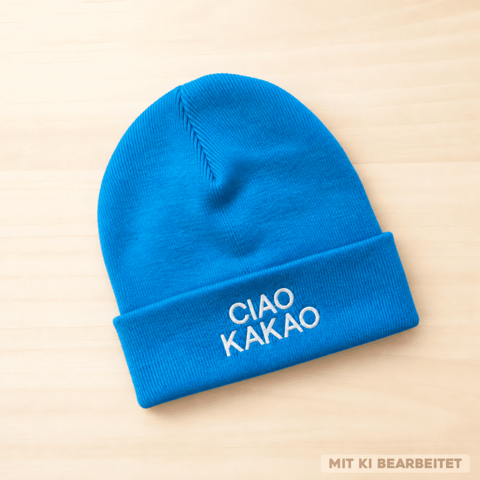 Türkisblaue Strickmütze (Beanie) mit umgeschlagenem Bund und weißer Stickerei „CIAO KAKAO“, liegend auf hellem Untergrund.