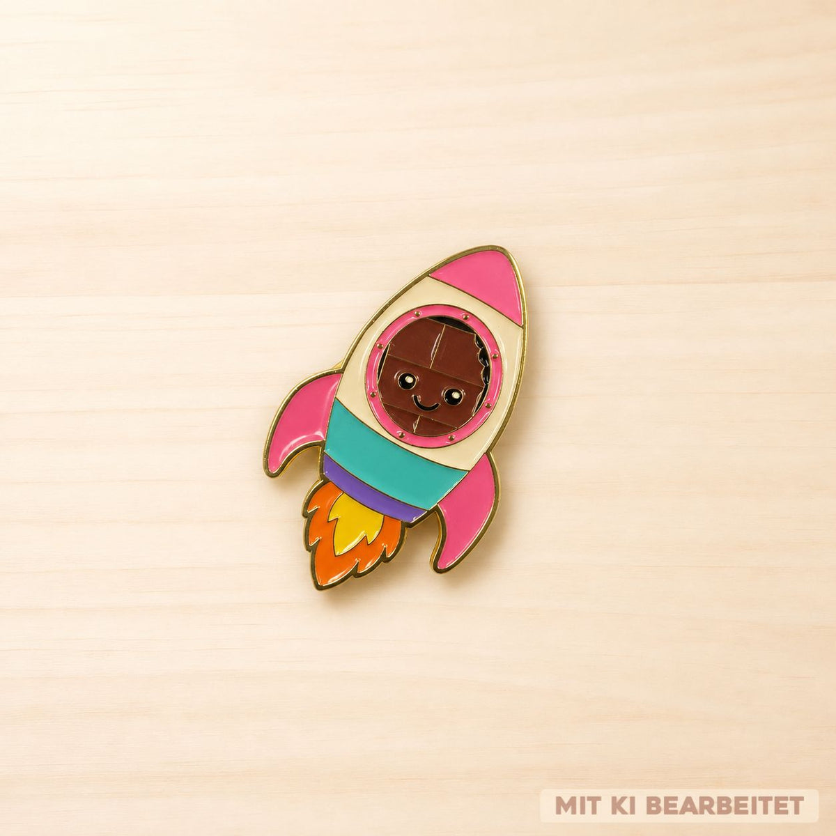 Bunter Metall-Pin in Raketenform mit Chocolino im Bullauge und goldfarbenen Konturen.