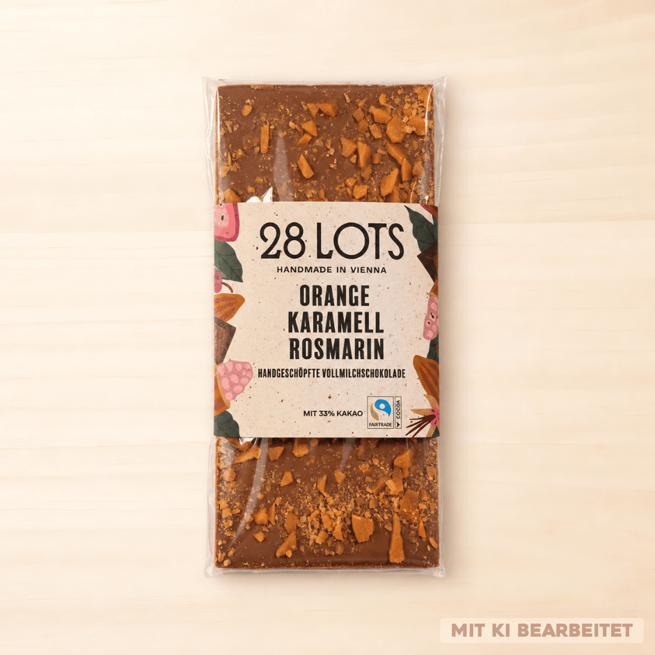Tafel Vollmilchschokolade von 28 LOTS, Sorte Orange Karamell Rosmarin, mit Karamellstückchen und feinen Krümeln auf der Oberfläche, in transparenter Folie mit Banderole.