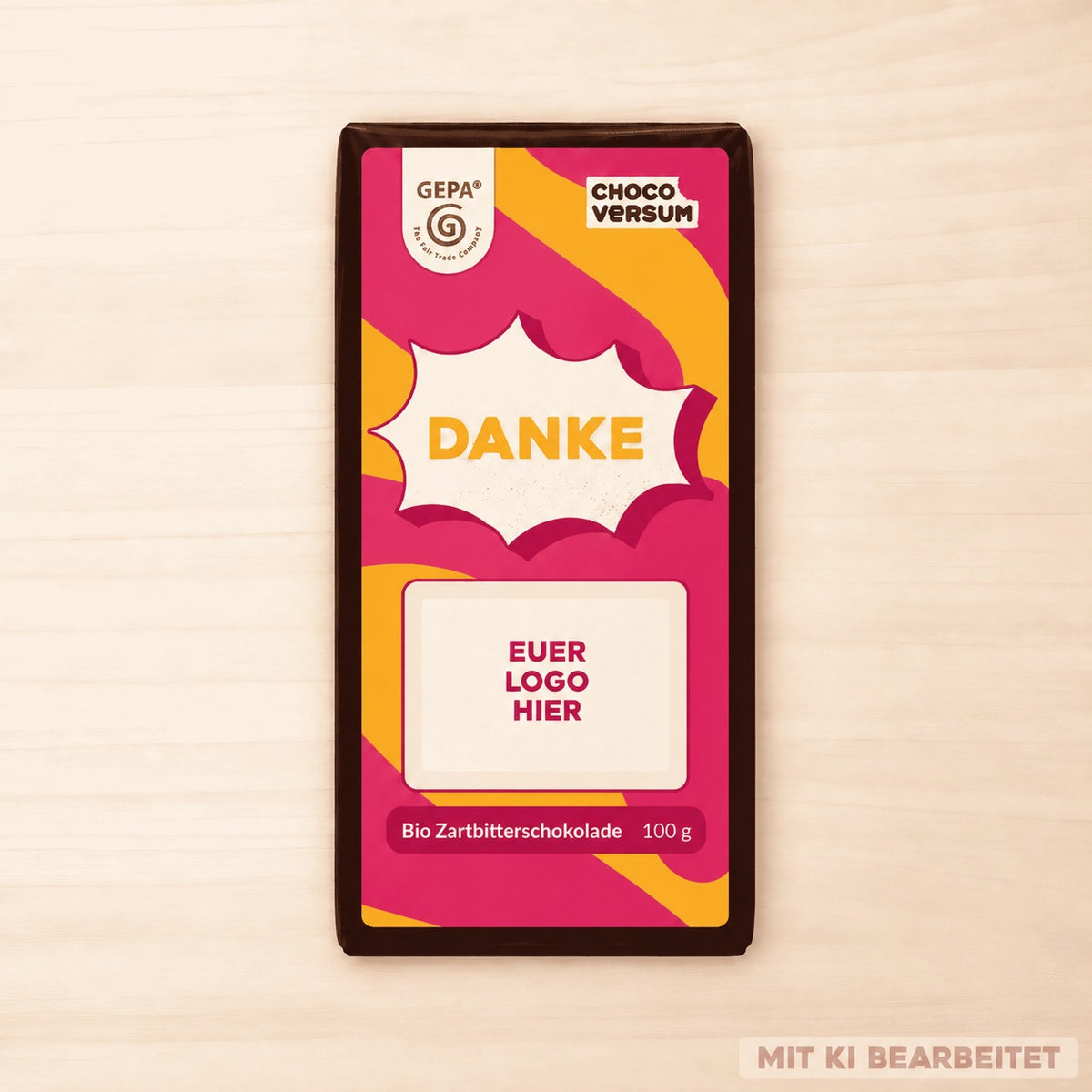 GEPA Bio-Zartbitterschokolade mit pink-gelber „Danke“-Banderole und Platzhalter für ein individuelles Logo.