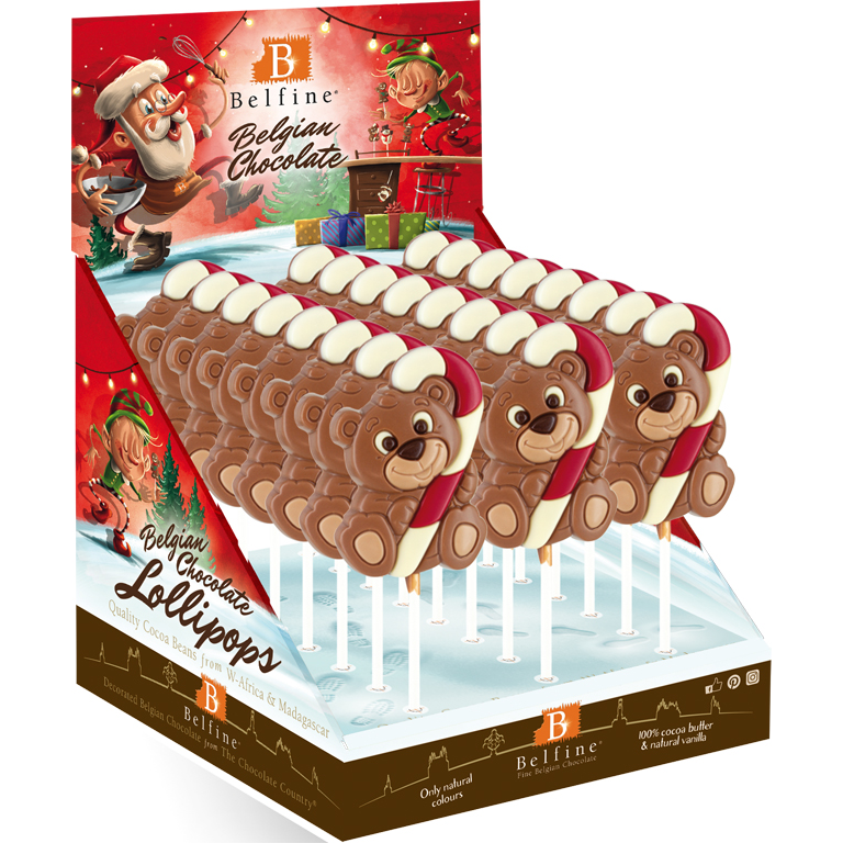 Blister mit Schokoladenlutschern in Bärenform mit Zuckerstange im Arm