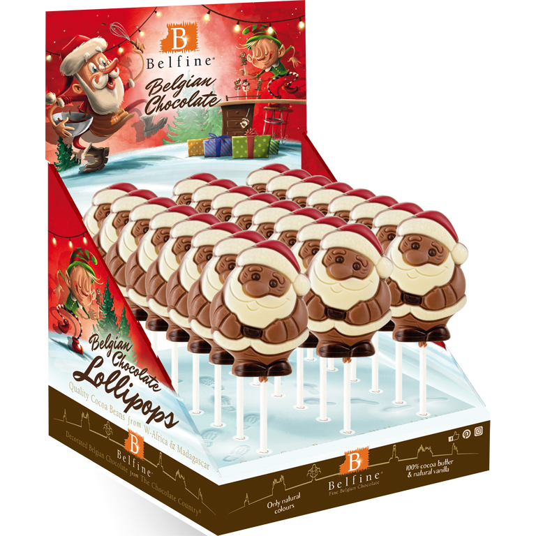 Blister mit Schokoladenlutschern in Weihnachtsmannform aus Vollmilchschokolade
