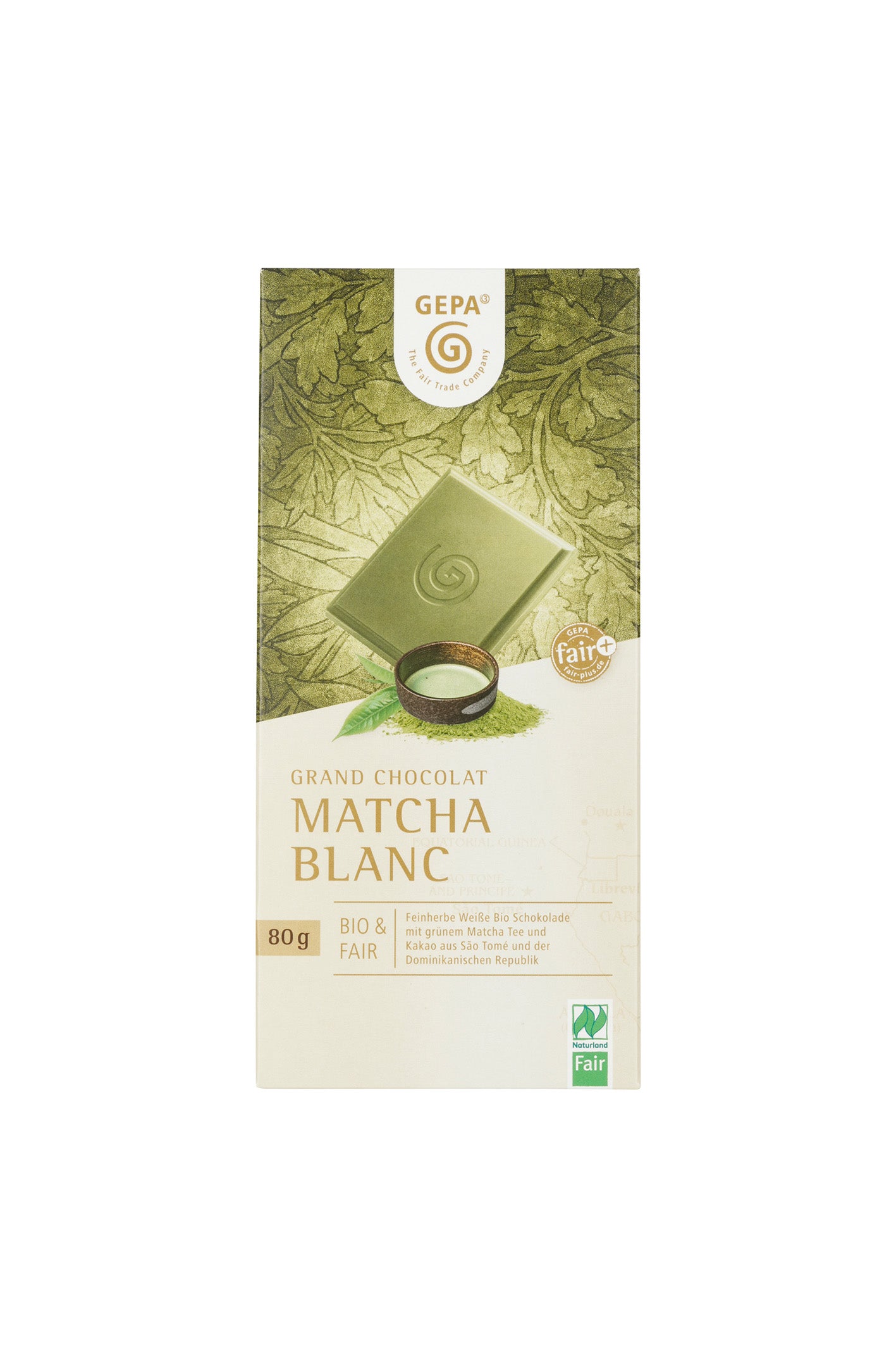 Verpackung der GEPA-Schokolade „Matcha Blanc“ mit grüner Tafel, Matcha-Schale und Fairtrade-/Bio-Siegeln, 80 g weiße Bio-Schokolade mit Matcha.