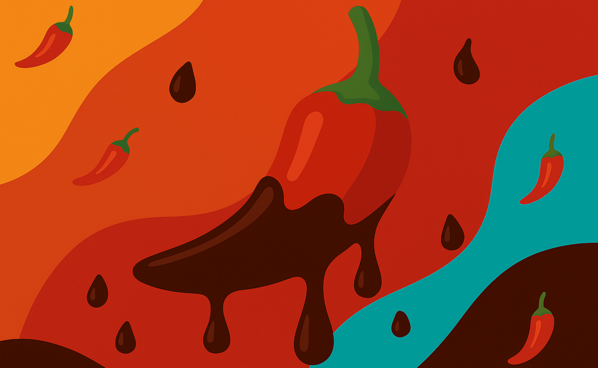 Illustration einer roten Chili, übergossen mit flüssiger Schokolade, umgeben von Schokodrops und kleinen Chilis auf farbenfrohem Hintergrund.