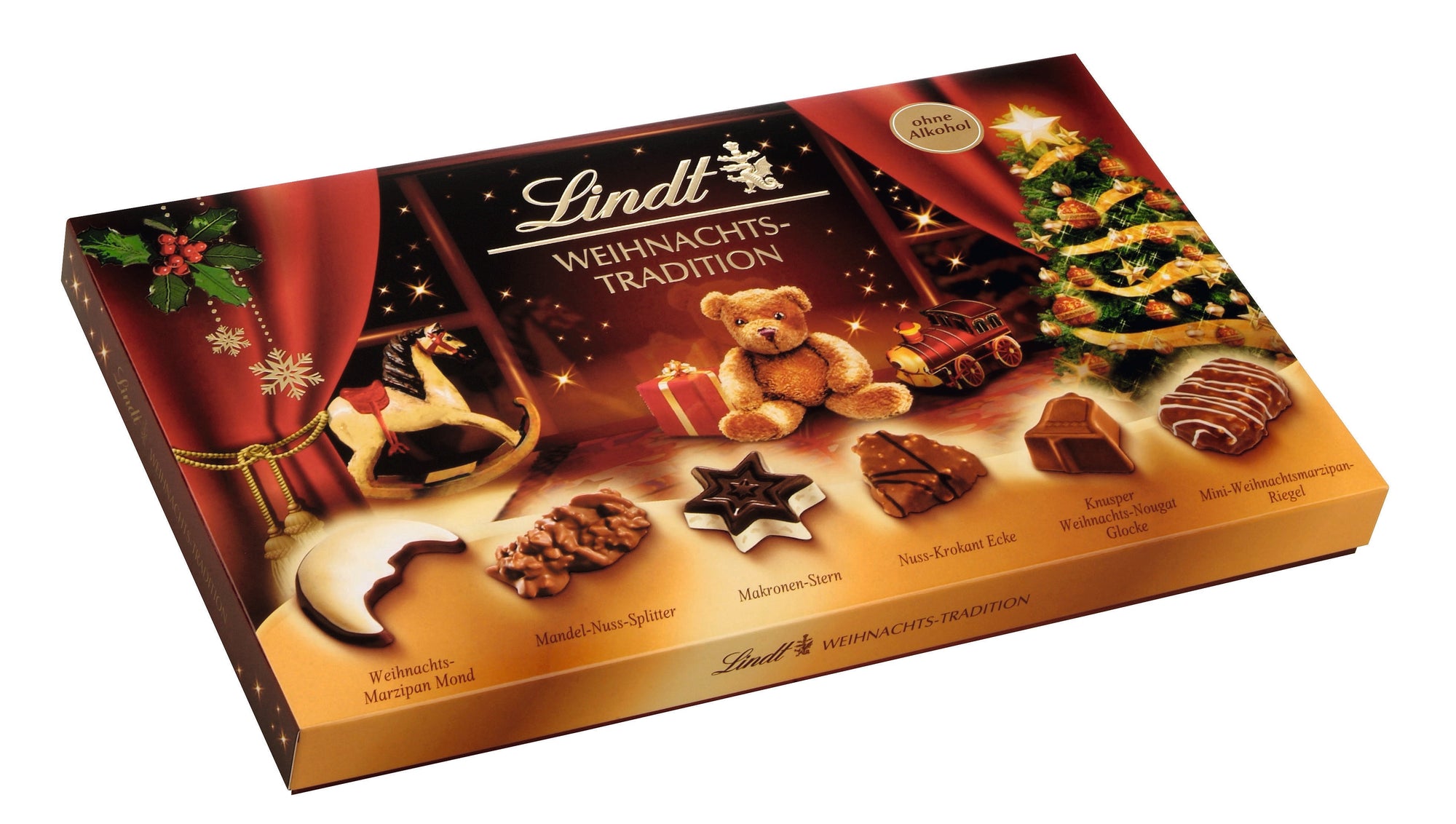 Verpackungen mit weihnachtlichen Elementen, wie ein geschmückter Tannenbaum und Abbildung der enthaltenen Pralinen (Weihnachts-Marzipan Mond, Mandel-Nuss-Splitter, Makronenstern, Nusskrokant Ecke, Knusper Weihnachts Nougat Glocke, Mini Weihnachtsmarzipan Riegel)