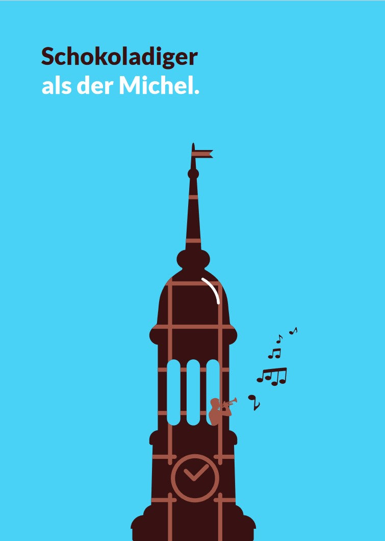 Blaue Postkartenvorderseite mit Hamburger Michel in Schokoladenoptik im Vordergrund, darüber Aufschrift "Schokoladiger als der Michel" in dunkelbraunen und weißen Lettern