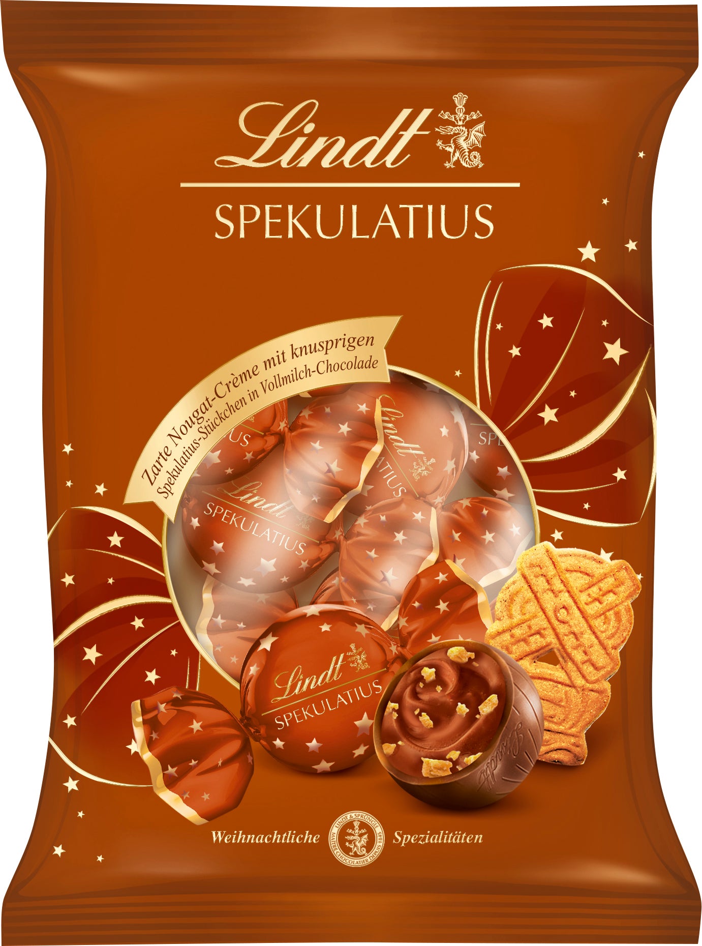 braune Verpackung mit Sichtfenster und Spekulatiuskugel-Abbildung
