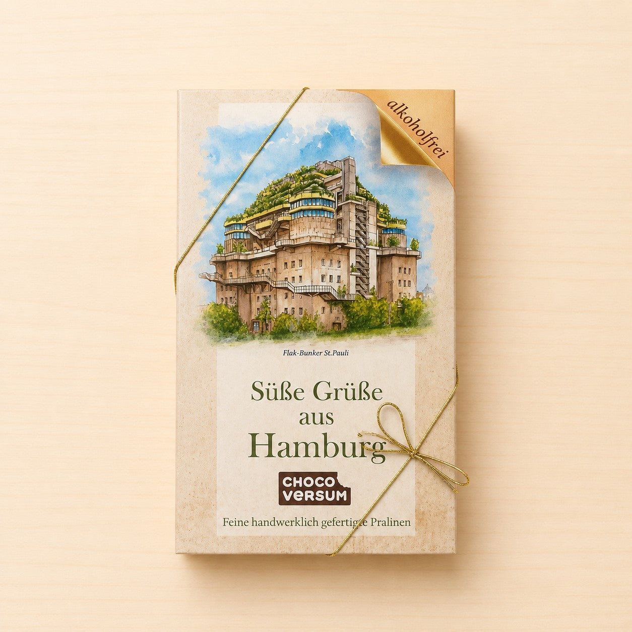 Geschenkpackung „Süße Grüße aus Hamburg“ mit Illustration des St. Pauli Bunkers und Chocoversum-Logo.