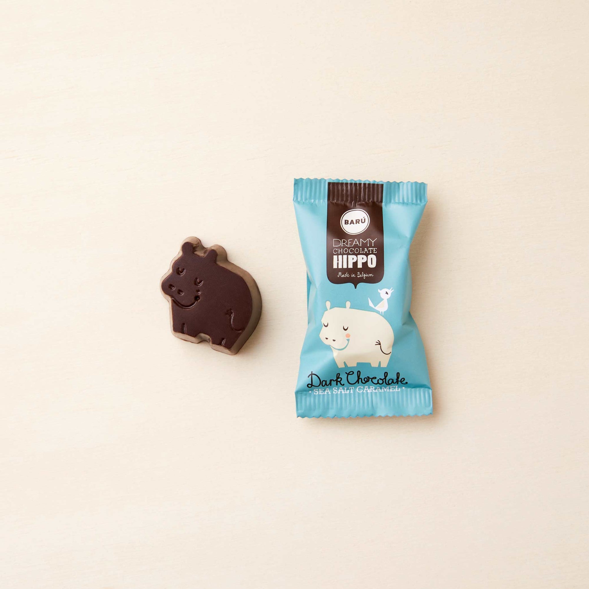 Dunkle Schokolade mit Salz-Karamell-Füllung von Barú in Nilpferd-Form im Chocoversum