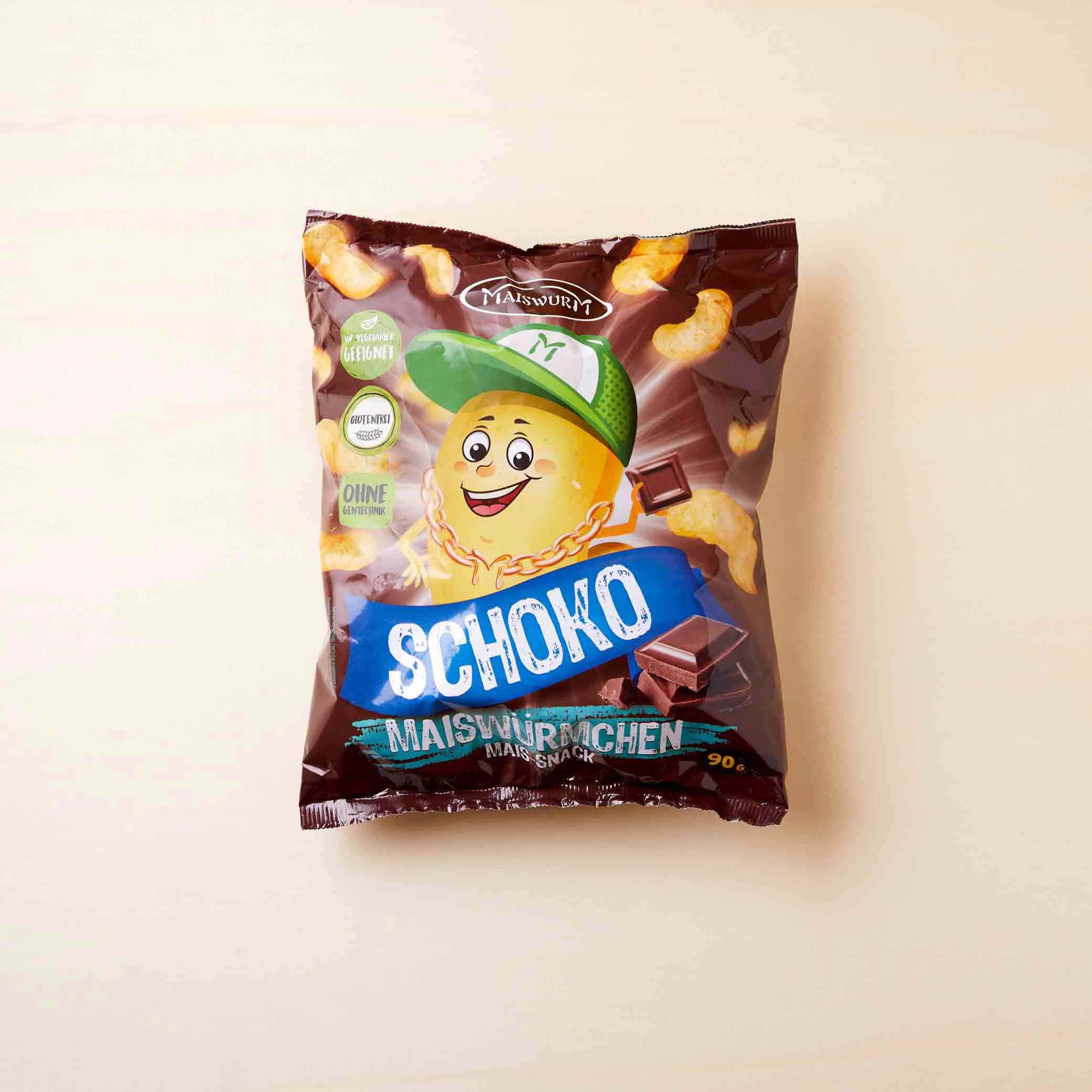 Plastikverpackung Schoko Maiswürmchen, mit Maisflip und Schokostückchen im Chocoversum